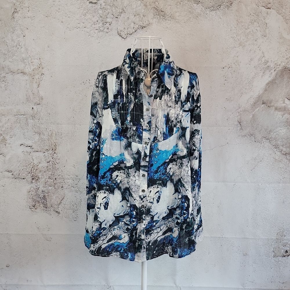 Ethyl Abstract Blue and Black Button-Up Shirt Womens Size L NWT